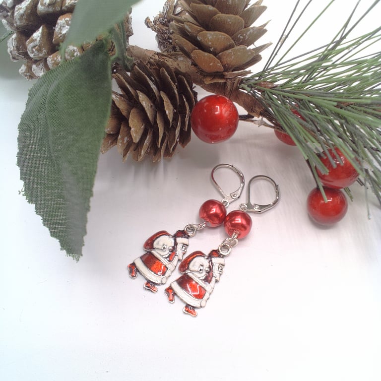 Red Glass Pearl Bead with an Enamelled Santa Charm Earrings, Secret Santa