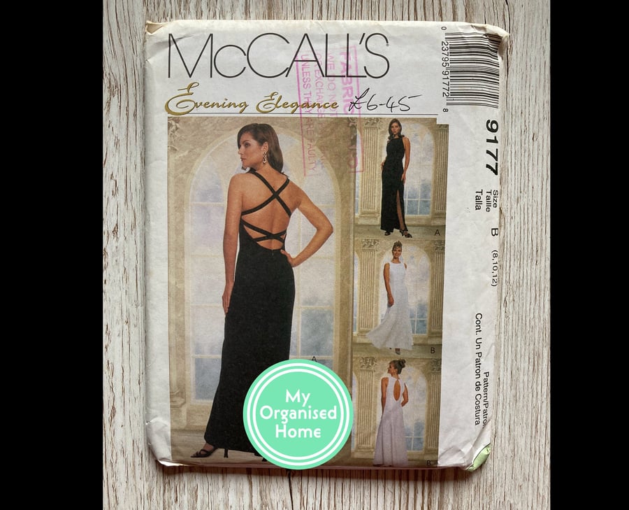 McCalls 9177 evening prom dress sewing pattern with thigh split, sizes 8-12