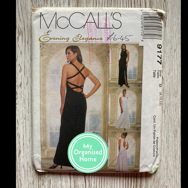 McCalls 9177 evening prom dress sewing pattern with thigh split, sizes 8-12