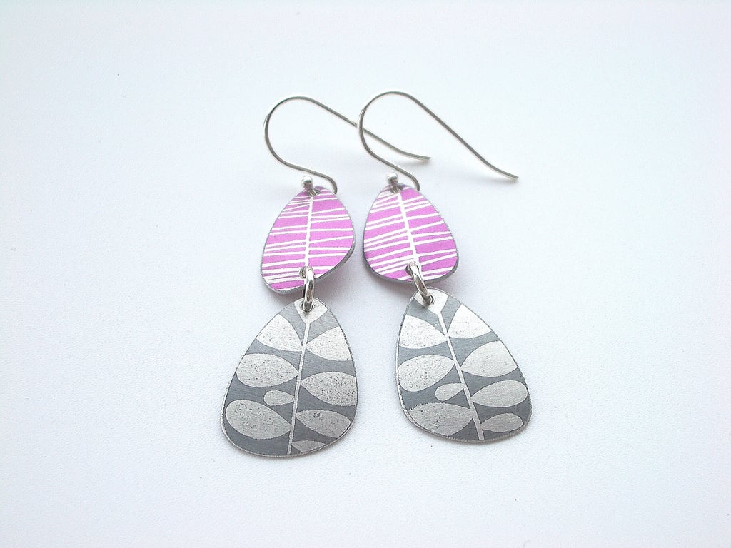 Pebble shaped mid century style drop leaf earrings in pink
