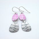 Pebble shaped mid century style drop leaf earrings in pink