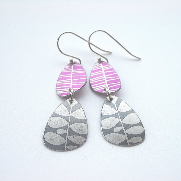 Pebble shaped mid century style drop leaf earrings in pink