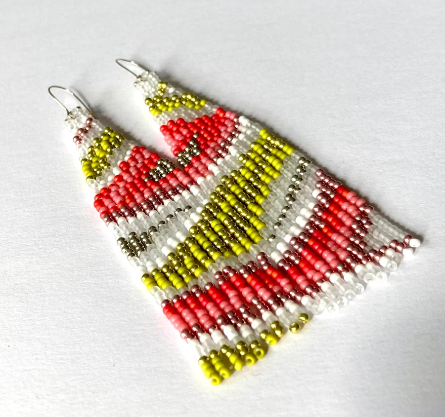 Abstract Long Fringed Beadwoven Earrings