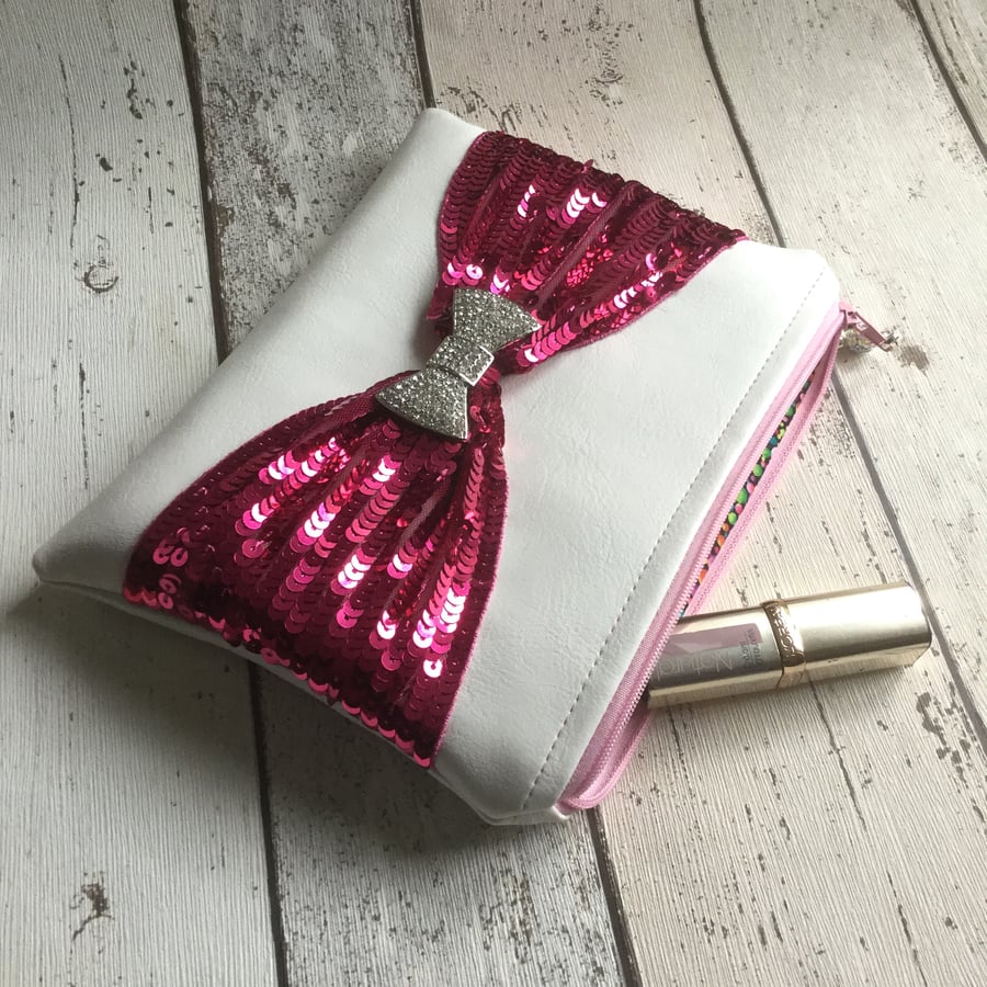 White Faux Leather Clutch With Pink Sequinned Bow Decoration FREE P&P