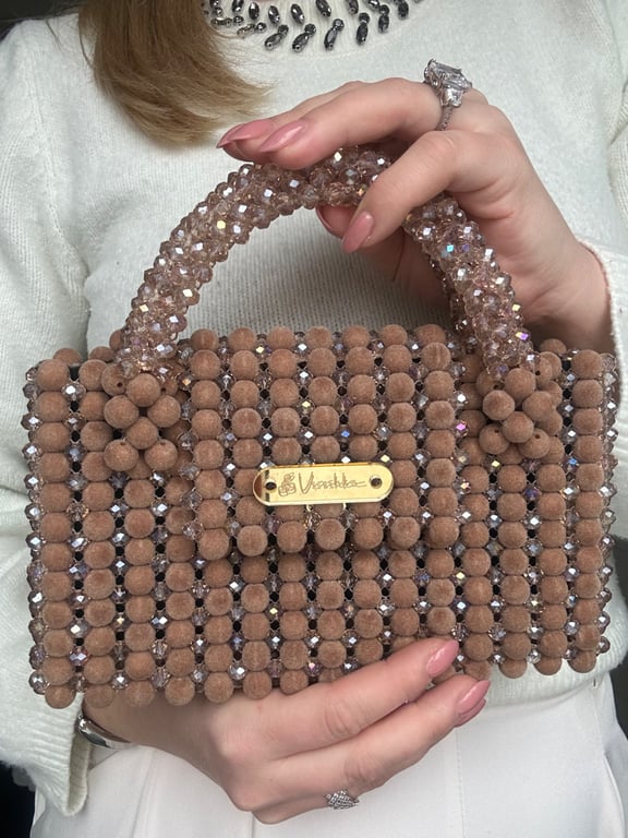 Champagne Beaded Clutch, Crystal Evening Bag, Velvet Luxury Handbag,Nude Bag