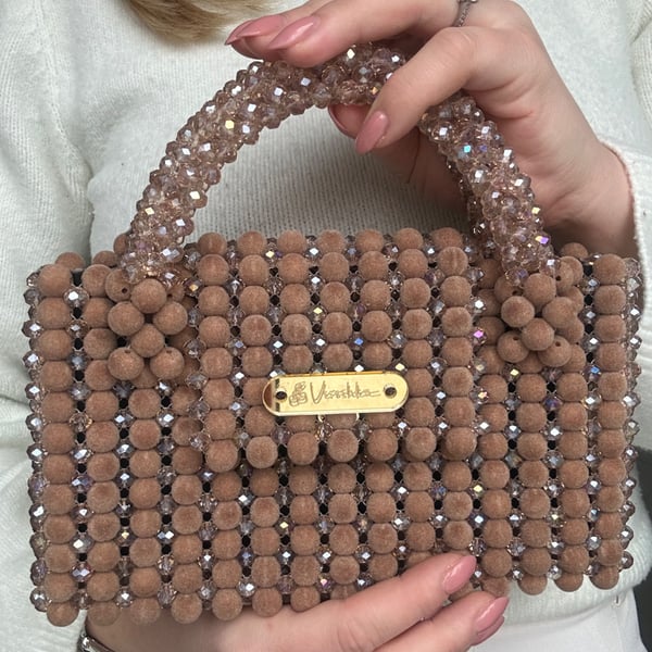 Champagne Beaded Clutch, Crystal Evening Bag, Velvet Luxury Handbag,Nude Bag