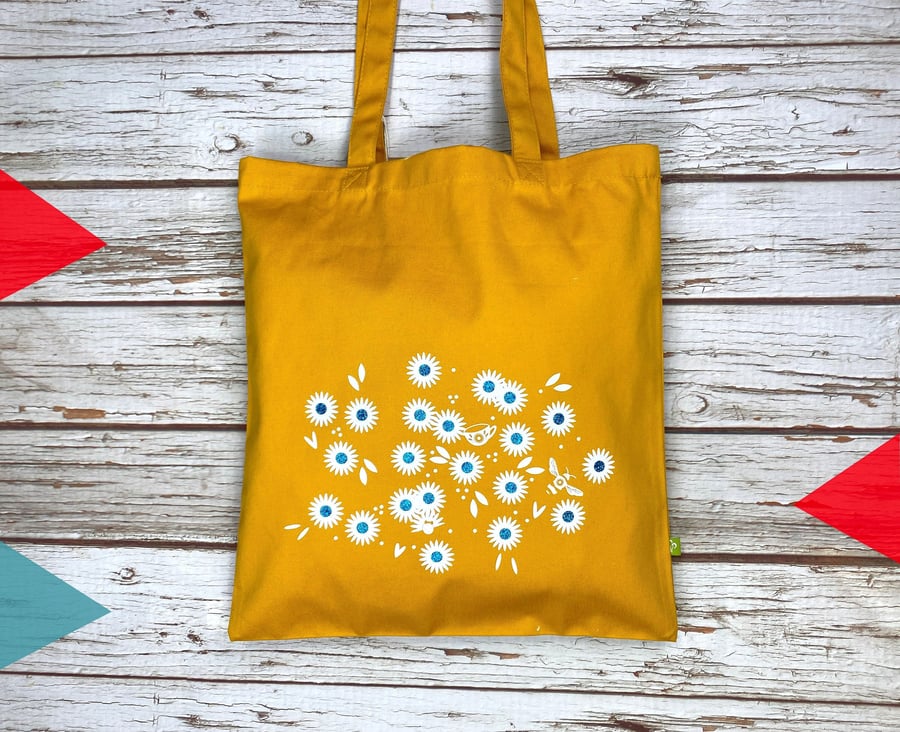 Mustard Yellow Daisy Organic Cotton bag for life. Flower shopper. Thick Floral 