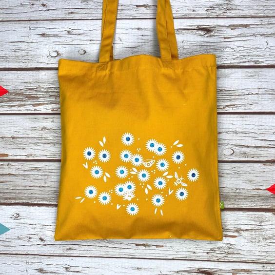 Mustard Yellow Daisy Organic Cotton bag for life. Flower shopper. Thick Floral 