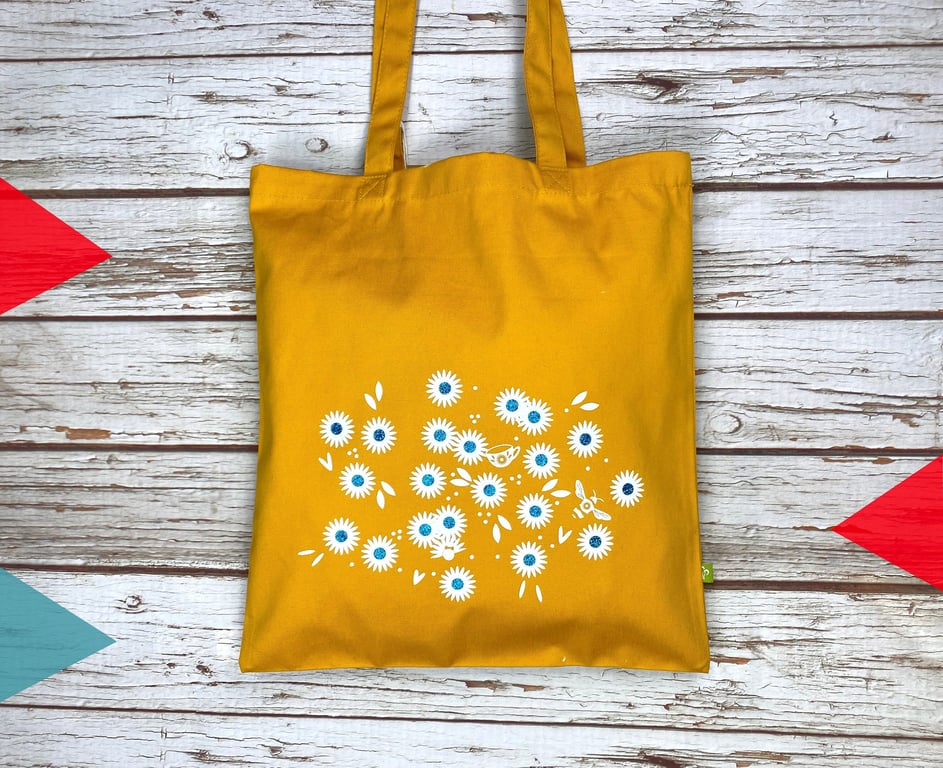 Mustard Yellow Daisy Organic Cotton bag for life. Flower shopper. Thick Floral 