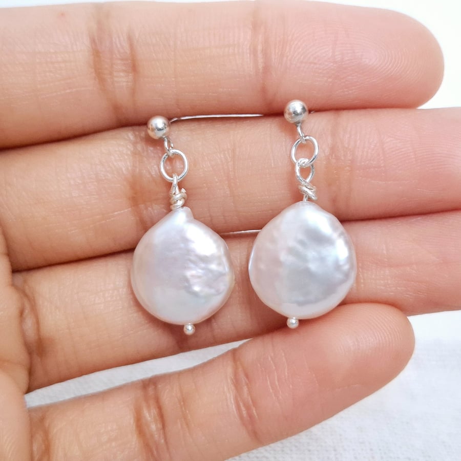 Coin Pearl Dangle Earrings, Sterling Silver Freshwater Pearl Jewellery