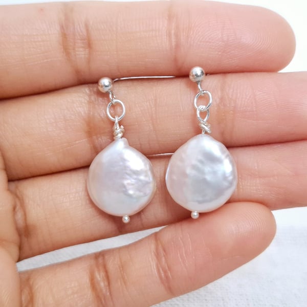 Baroque Coin Pearl Dangle stud Earrings, Sterling Silver Freshwater Pearl Jewell