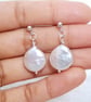 Baroque Coin Pearl Dangle stud Earrings, Sterling Silver Freshwater Pearl Jewell