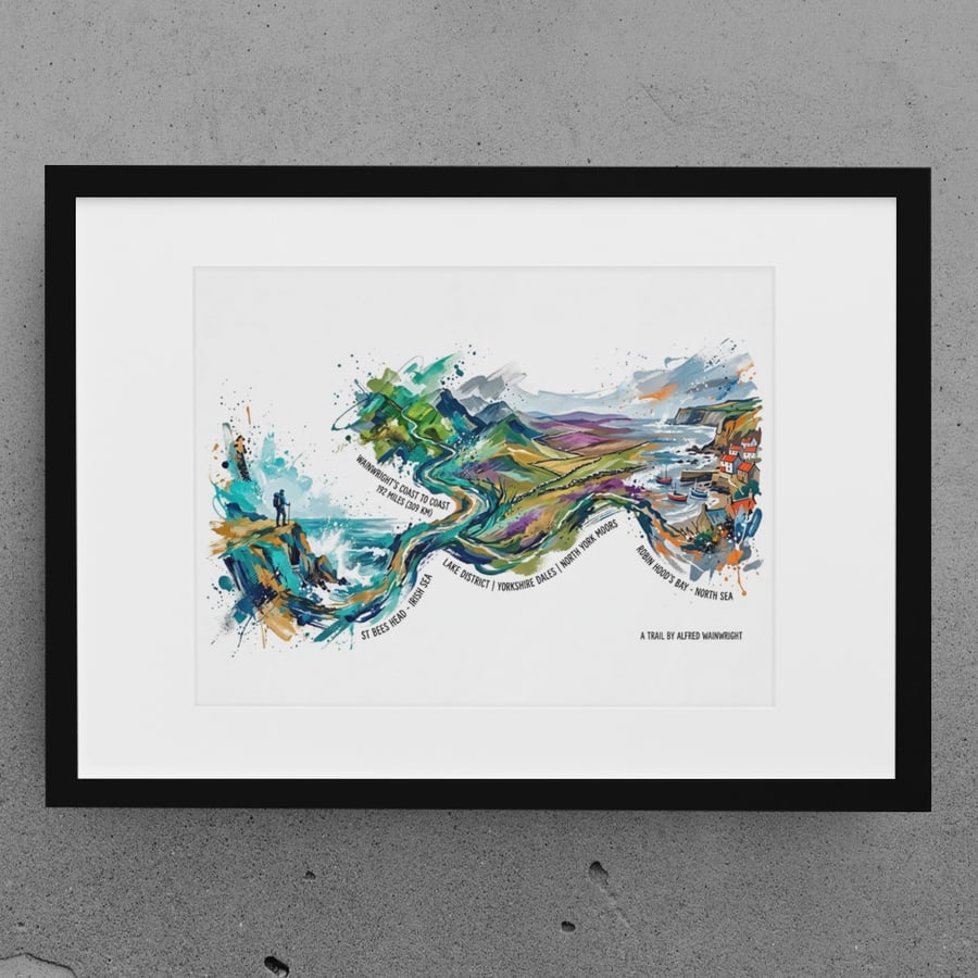 A4 Framed (choice of colours) Wainwright's Coast to Coast – 192 Mile Trail Art