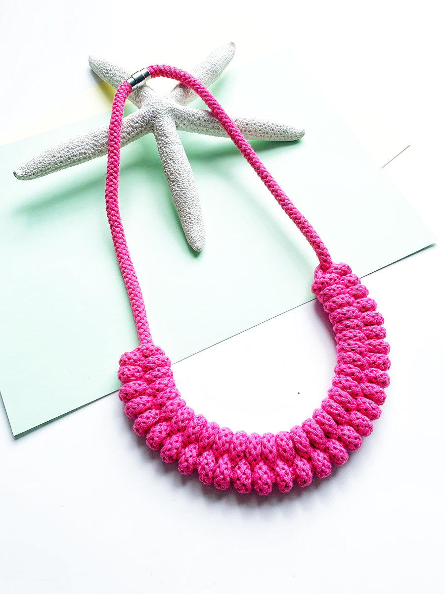 Hot Pink necklace, Knotted statement necklace, Sustainable boho necklace