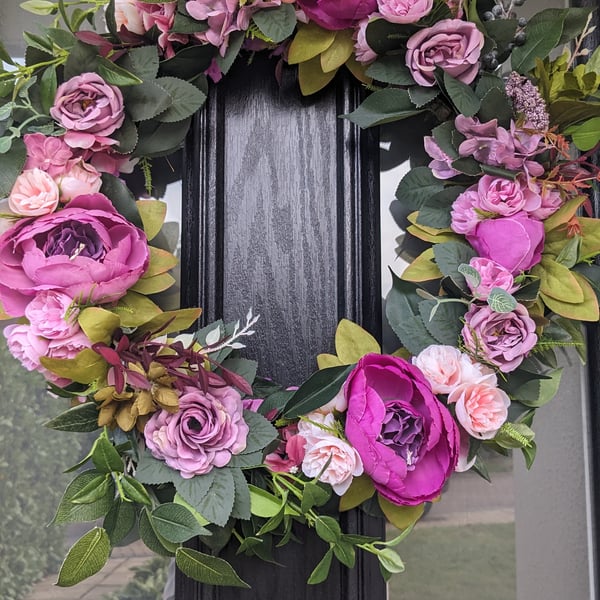 50cm Large Autumn Floral Door Wreath - Magenta Peony