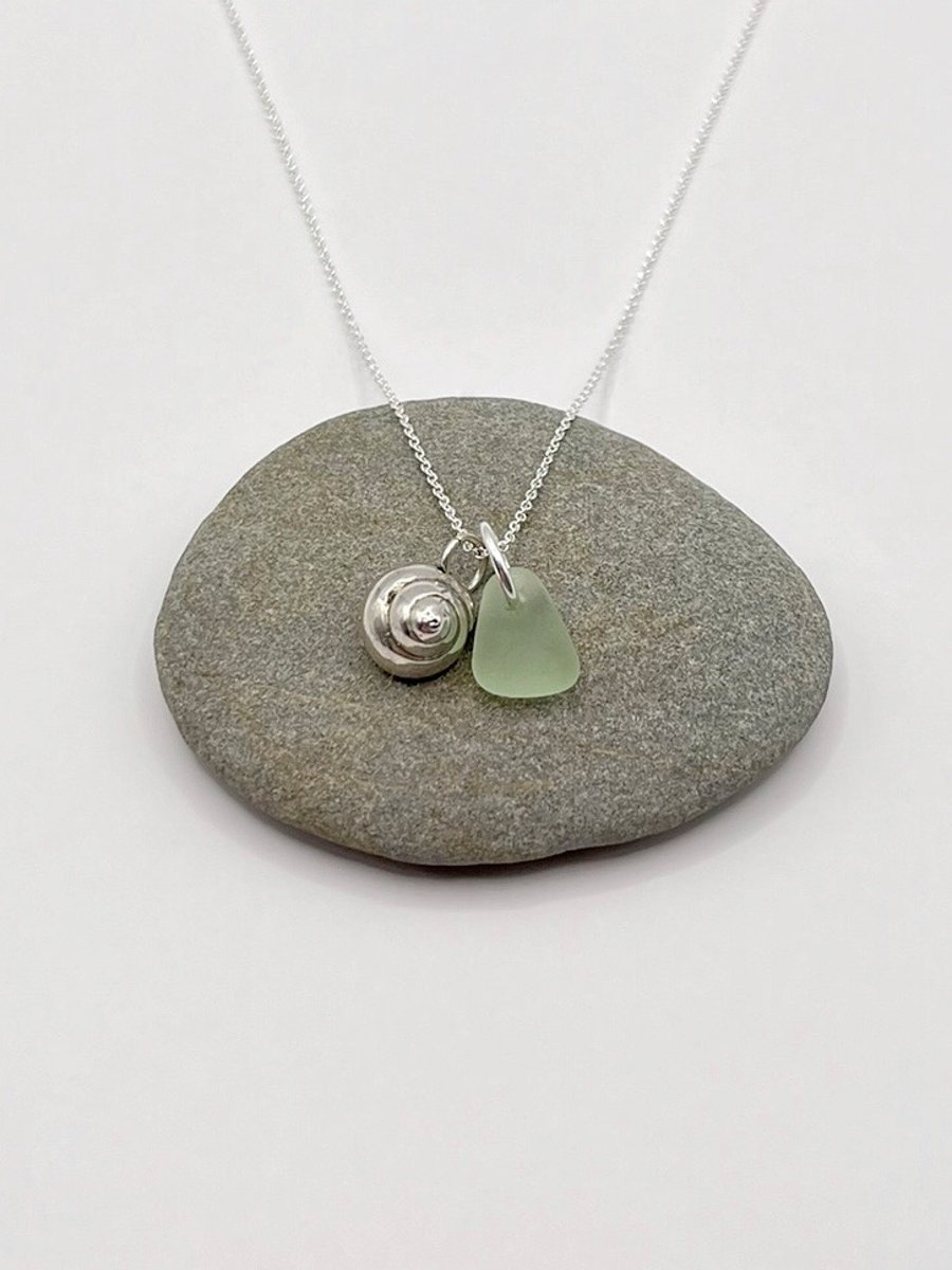 Cornish Sea Glass Necklace with Silver Coated Venetian Seashell - Sea Foam