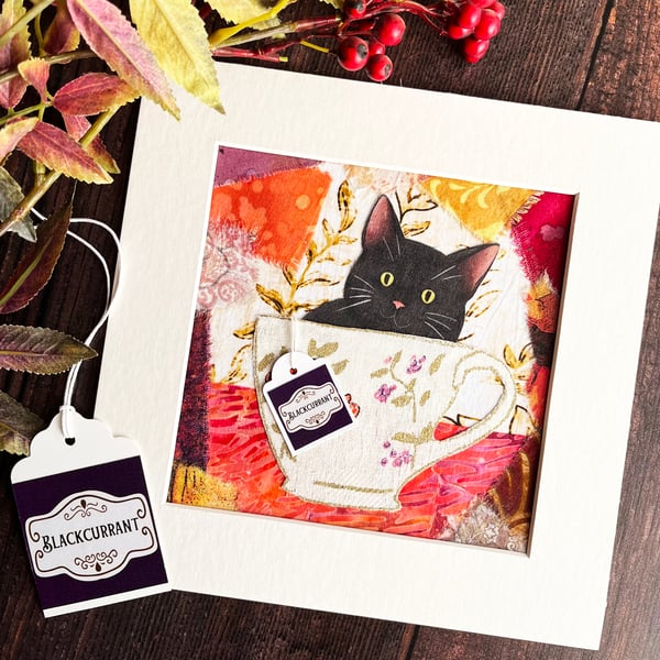 Black cat textile artwork, gift for cat lover, black cat art, funny cat