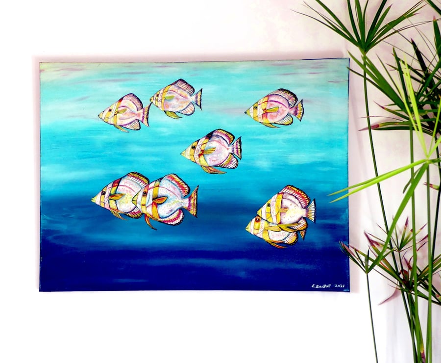 School of Bat Fish Original Oil Painting 
