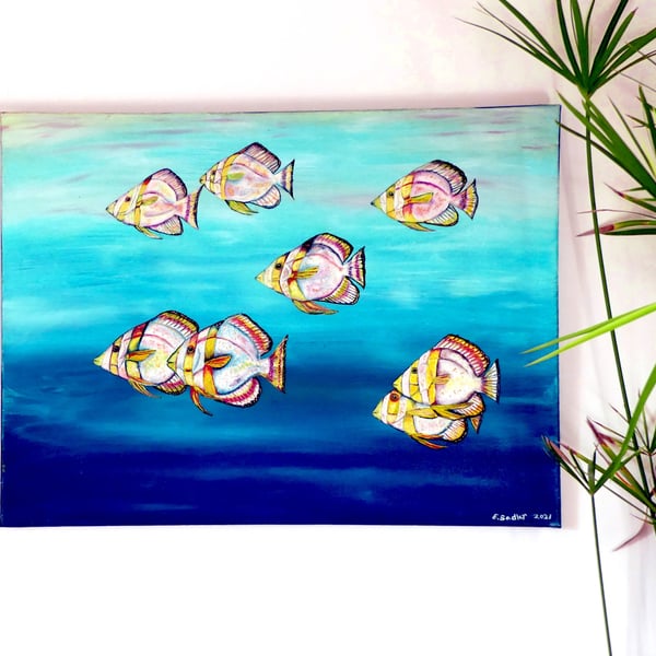 School of Bat Fish Original Oil Painting 