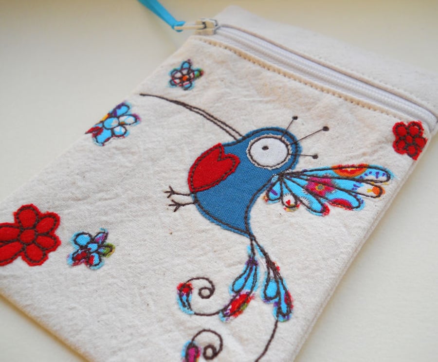 embroidered hummingbird gadget case