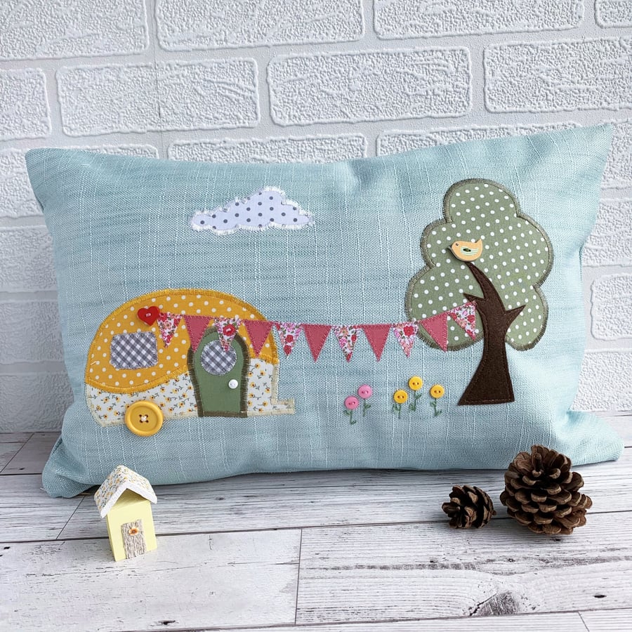 Caravan Cushion with Tree and Bunting