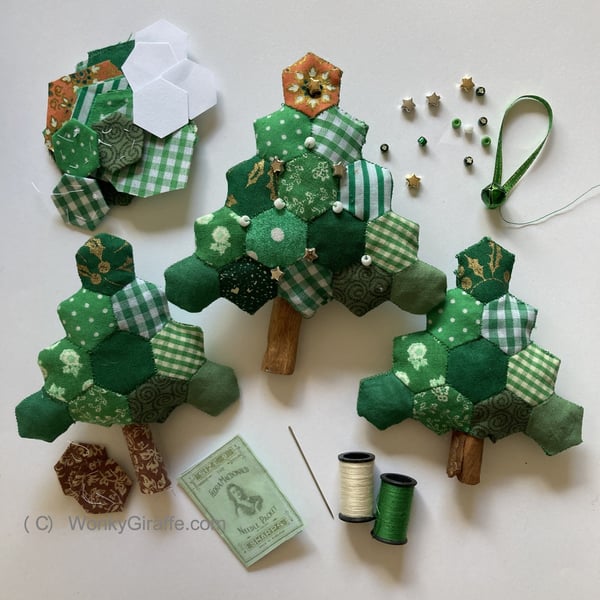 Christmas tree hexagon EPP hand sewing patchwork ornament mini kit.