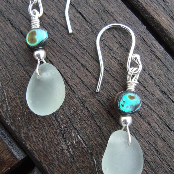Sea Glass & Abalone Sterling Silver Earrings