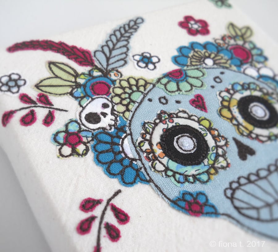embroidered floral skull original textile art canvas