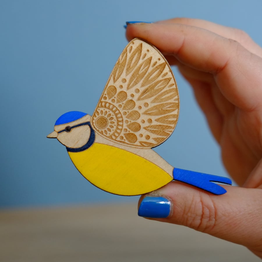 Wooden Etched Folk Art Blue Tit Brooch - Hand Painted