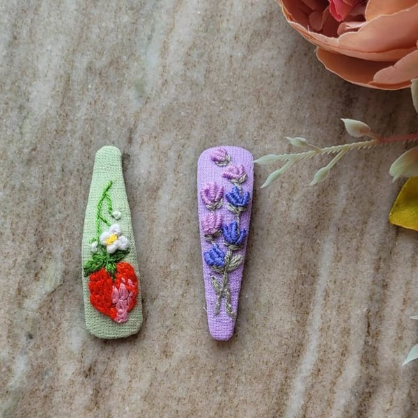 strawberry hair clip fruit purple lavender hand embroidered girls and todler tee