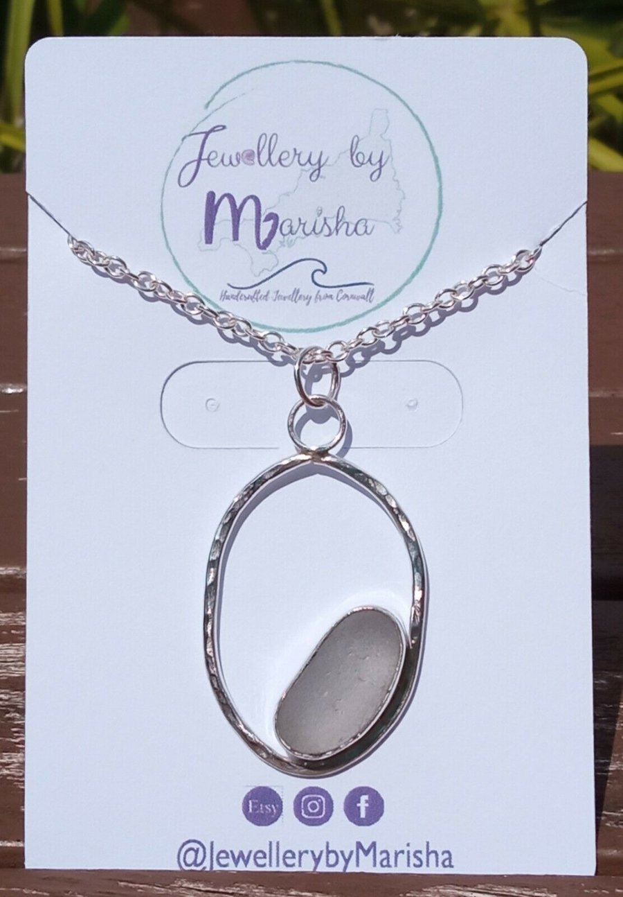 Fine Silver and Recycled Silver with Pale Grey "Jellybean" Seaglass Necklace