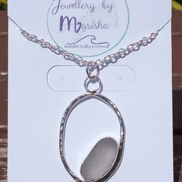 Fine Silver and Recycled Silver with Pale Grey "Jellybean" Seaglass Necklace