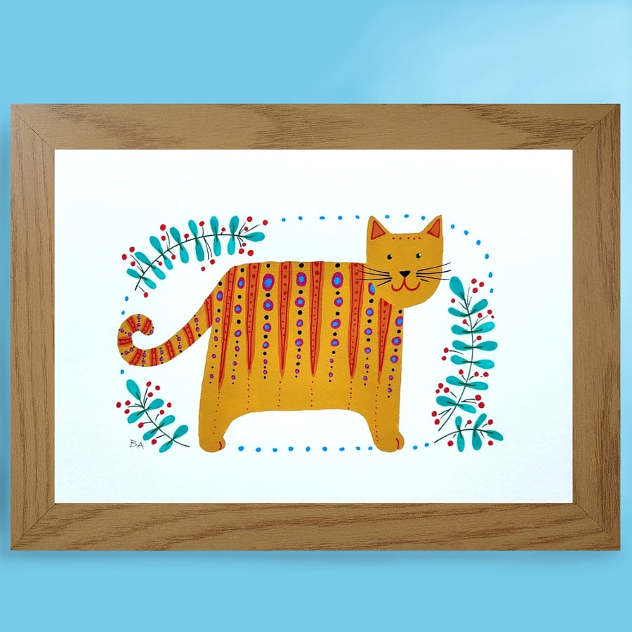 Ginger cat folk art painting, framed animal painting, folk art cat 
