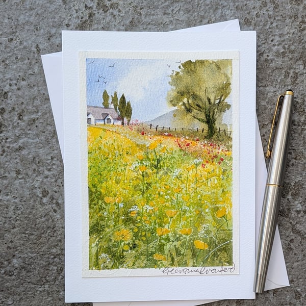 Buttercup Field. Blank Card. Original Watercolour 260174