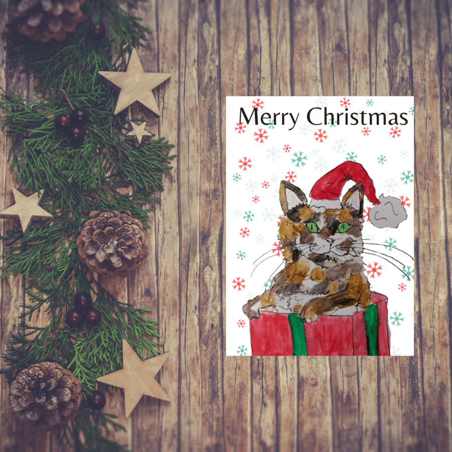 Tortie, Calico, Christmas card, handmade, cat, cat lovers card