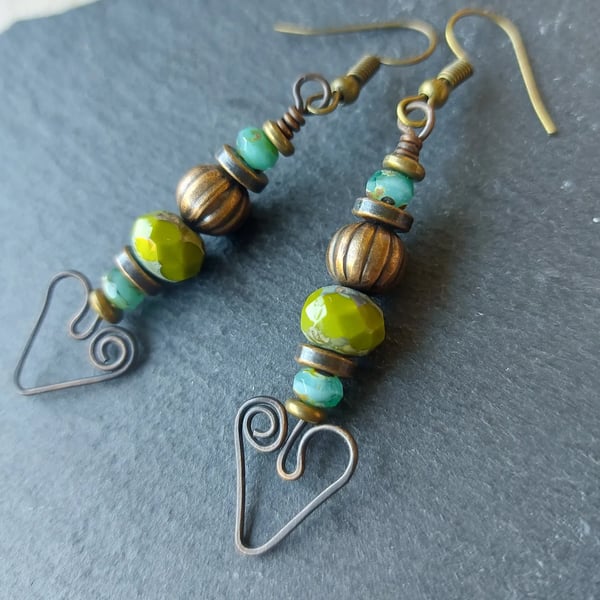 Glass.Bead and Bronze-tone Dangle Earrings