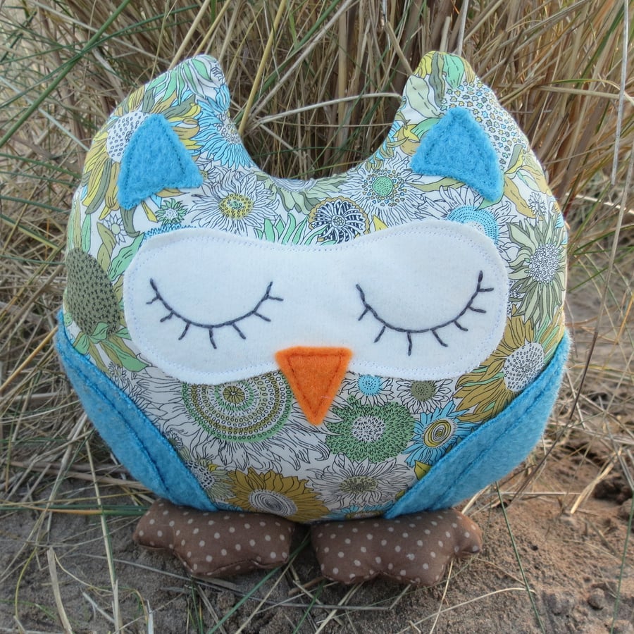 Blossom, a snoozy owl doorstop.  Owl bookend.  Liberty Lawn.