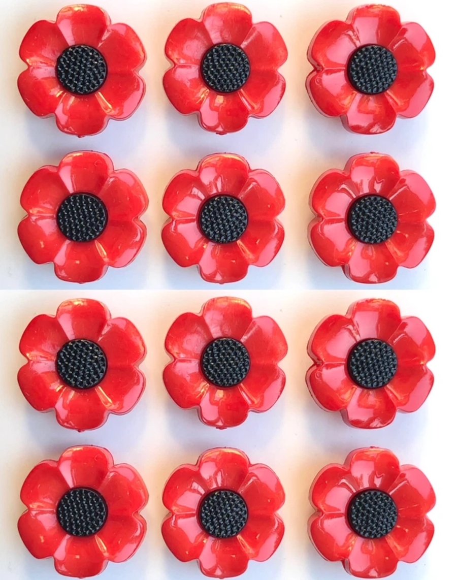 12 Flower Buttons, Red Petals with a Black Centre, 18mm Wide, Glossy Finish