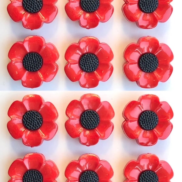12 Flower Buttons, Red Petals with a Black Centre, 18mm Wide, Glossy Finish