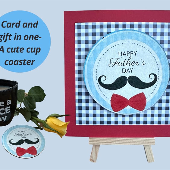 Happy Fathers Day card with a drinks coaster, retro moustache, bow tie