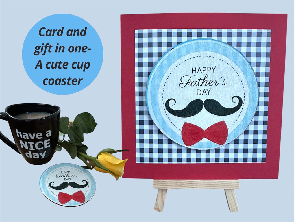 Happy Fathers Day card with a drinks coaster, retro moustache, bow tie