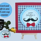Happy Fathers Day card with a drinks coaster, retro moustache, bow tie
