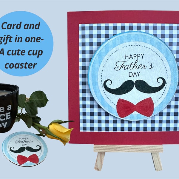 Happy Fathers Day card with a drinks coaster, retro moustache, bow tie