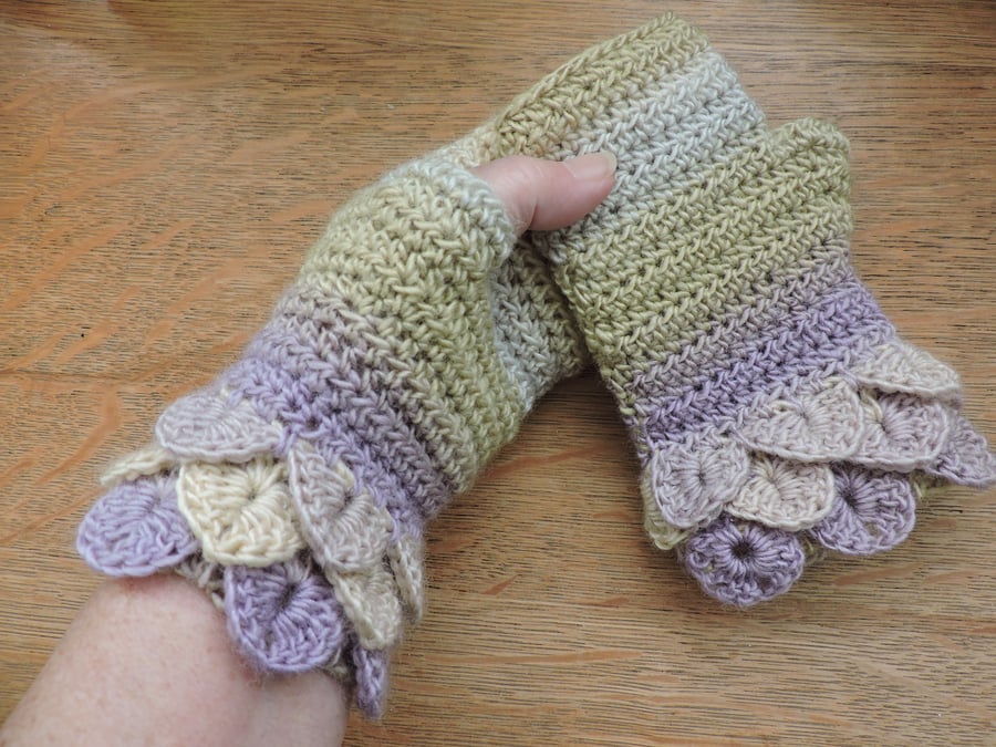 Fingerless Crochet Mitts with Dragon Scale Cuffs Adults Pastel