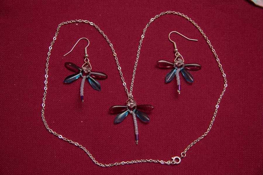 Purple and Turquoise Dragonfly Necklace and Earrings