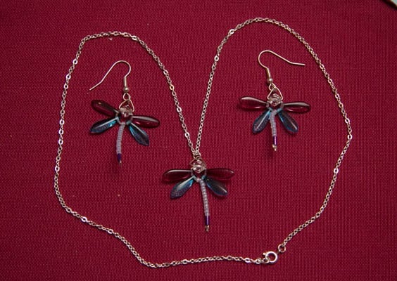 Purple and Turquoise Dragonfly Necklace and Earrings