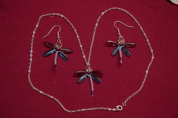 Purple and Turquoise Dragonfly Necklace and Earrings
