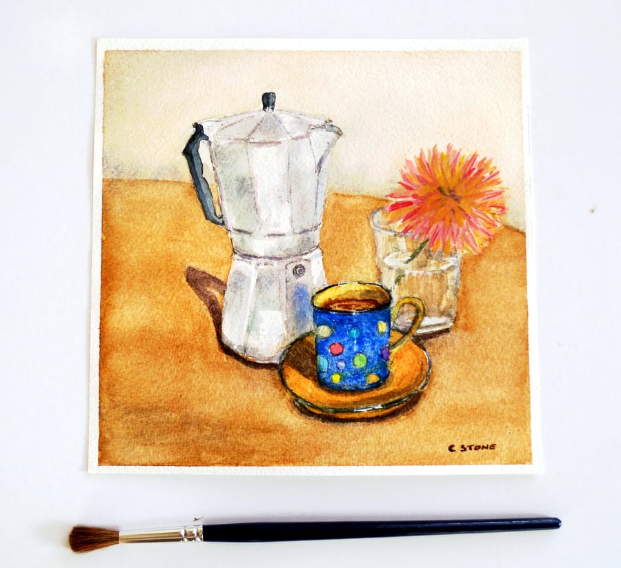 Small watercolour painting 7" x 7" moka coffee pot, espresso cup, single dahlia