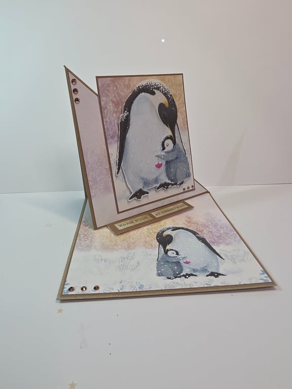 Warm Hugs at Christmas–  Handmade Penguin Easel Greeting Card