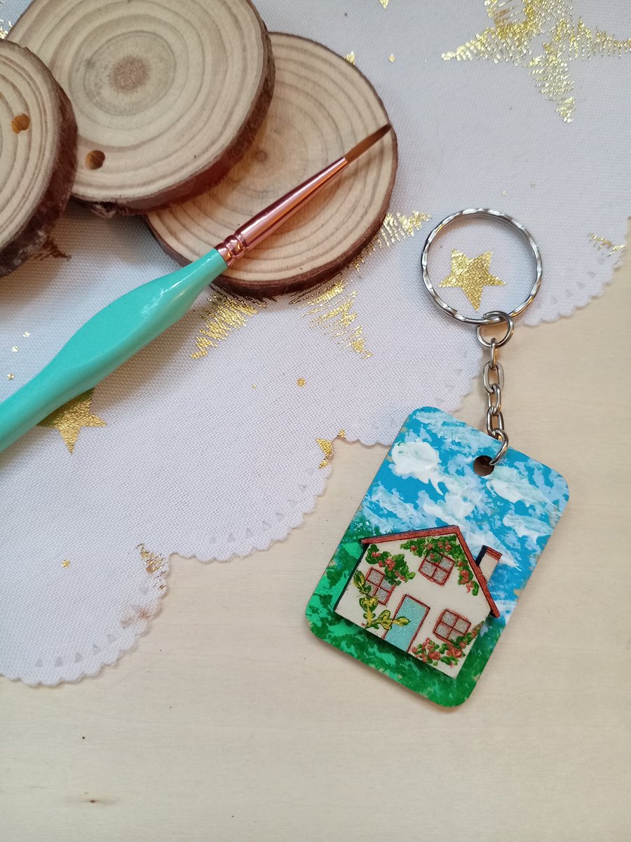 Wooden rectangular new home Keyring